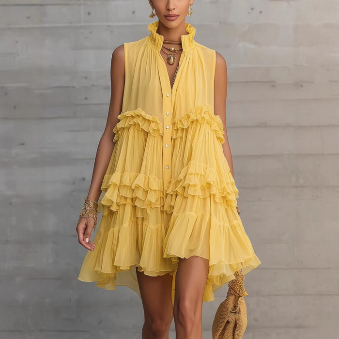 Stand Collar Button Front Ruffle Tiered Sleeveless Mini Dress For Summer Vacation Casual