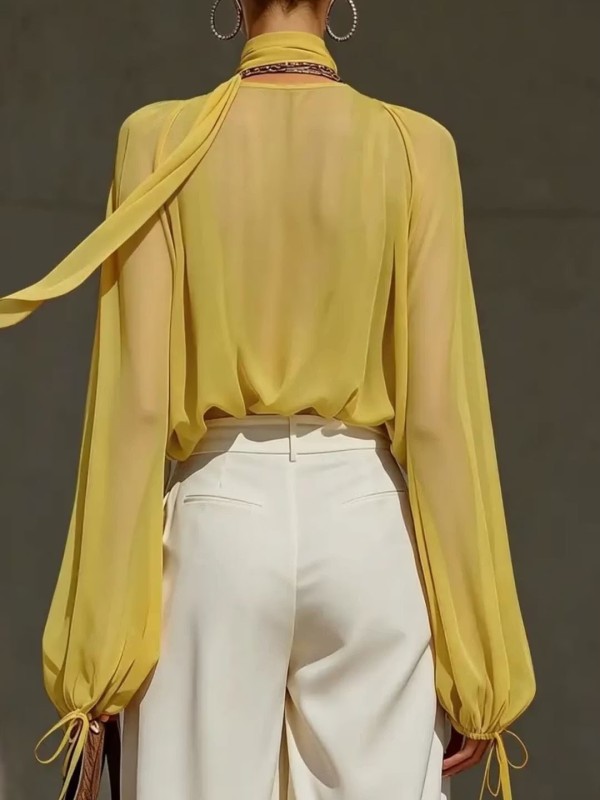 Mock Neck Deep V Puff Sleeve Chiffon Blouse With Long Drawstring For Spring Summer Daily Casual