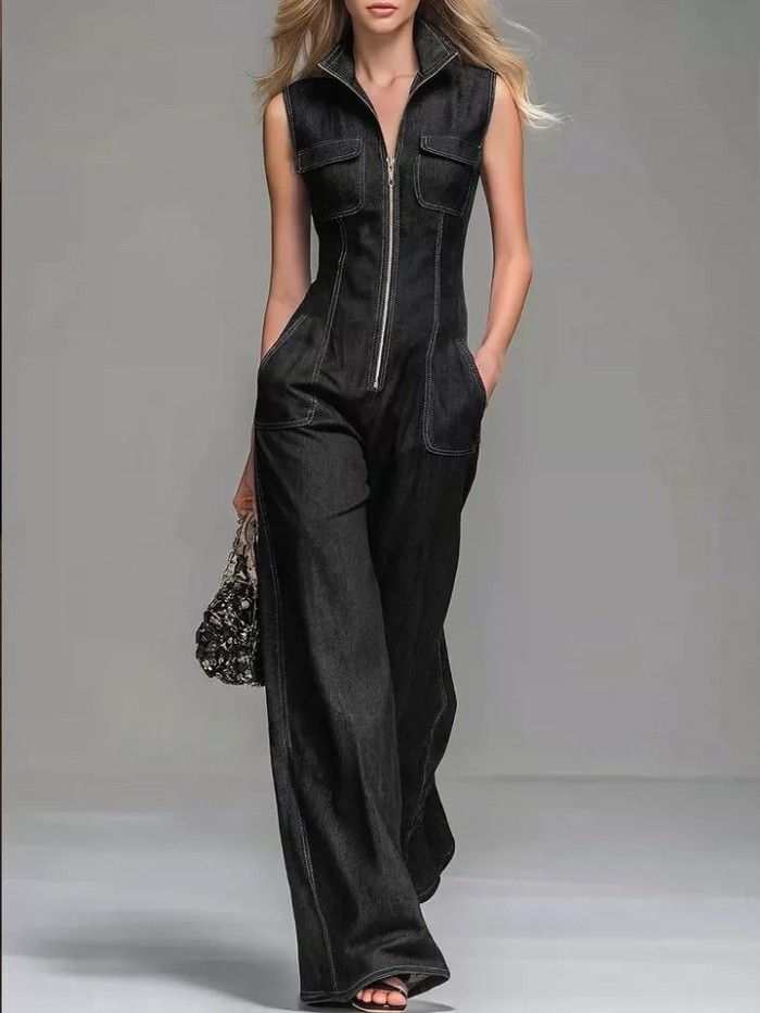 Sleeveless High Waist Wide Leg Denim Cargo Jumpsuit With Front Zipper & Pockets For Daily Work Casual