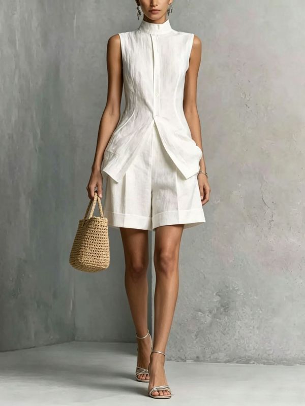 Solid Sleeveless Vest & Shorts Two Piece Set For Summer Street Holiday Casual