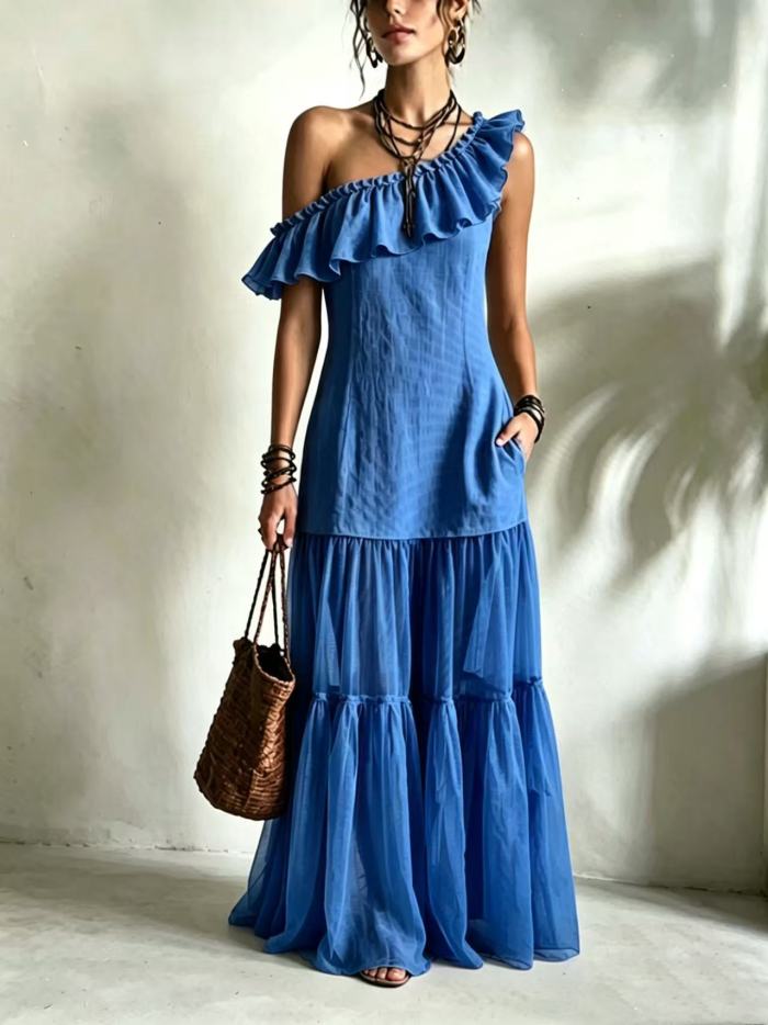Solid Off Shoulder Tiered Boho Maxi Dress For Beach Party Summer Casual