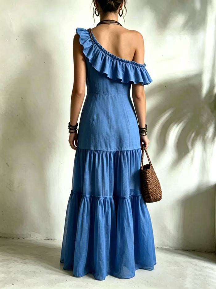 Solid Off Shoulder Tiered Boho Maxi Dress For Beach Party Summer Casual