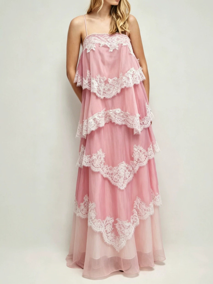 Spaghetti Strap Lace Ruffle Tiered Maxi Dress For Beach Vacation & Evening Party