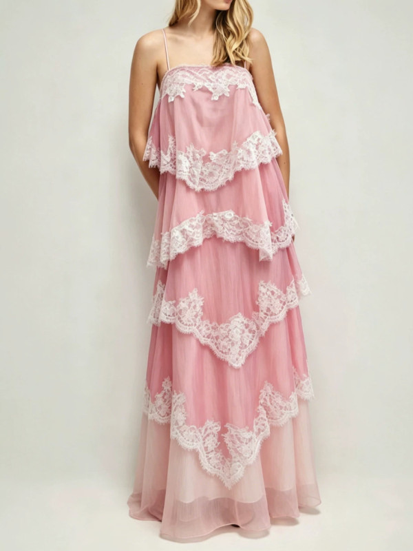 Spaghetti Strap Lace Ruffle Tiered Maxi Dress For Beach Vacation & Evening Party