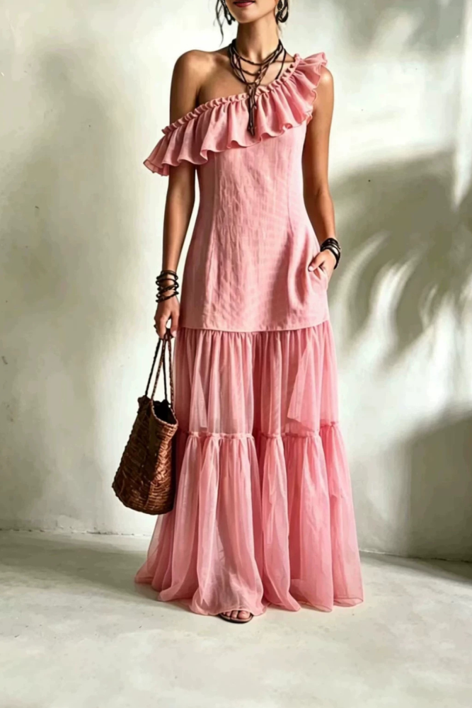 Solid Off Shoulder Tiered Boho Maxi Dress For Beach Party Summer Casual