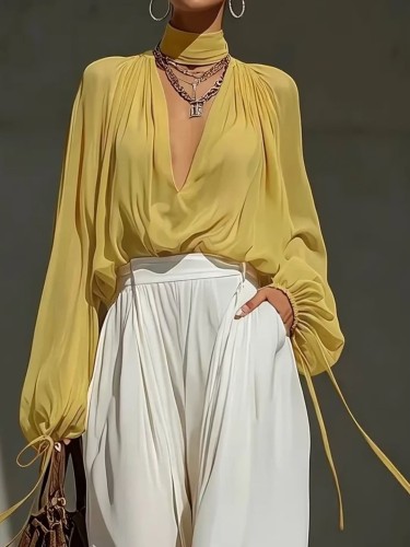 Mock Neck Deep V Puff Sleeve Chiffon Blouse With Long Drawstring For Spring Summer Daily Casual