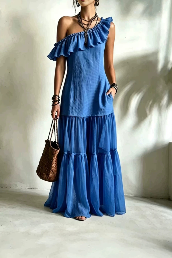 Solid Off Shoulder Tiered Boho Maxi Dress For Beach Party Summer Casual