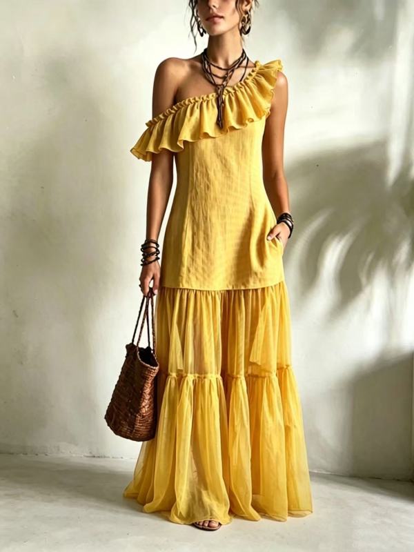 Solid Off Shoulder Tiered Boho Maxi Dress For Beach Party Summer Casual