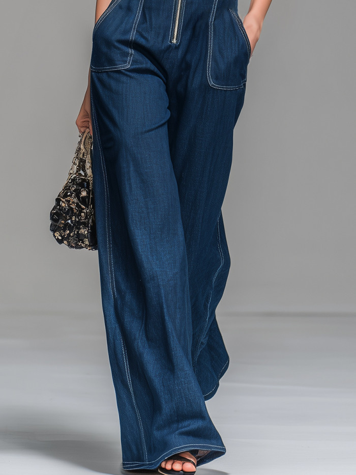 Sleeveless High Waist Wide Leg Denim Cargo Jumpsuit With Front Zipper & Pockets For Daily Work Casual