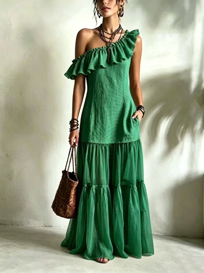 Solid Off Shoulder Tiered Boho Maxi Dress For Beach Party Summer Casual
