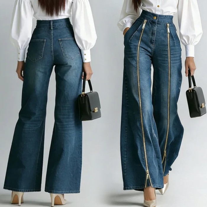 High Waist Loose Wide Leg Jeans With Zipper Decor & Slant Pockets For Daily Casual