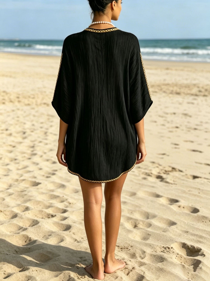 Deep V Batwing Sleeve Loose Bohemian Short Dress For Summer Party Casual