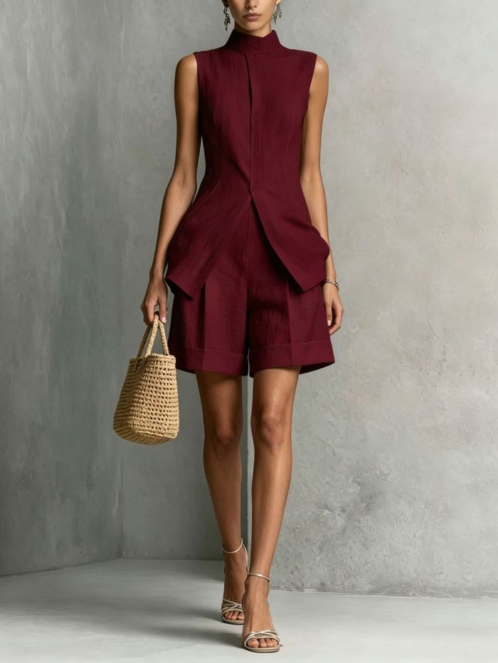 Solid Sleeveless Vest & Shorts Two Piece Set For Summer Street Holiday Casual