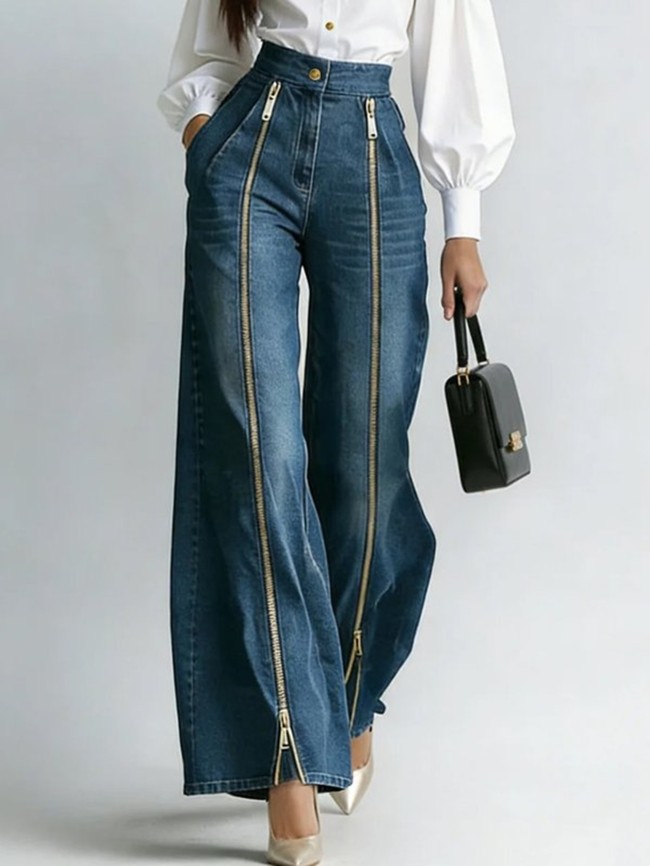 High Waist Loose Wide Leg Jeans With Zipper Decor & Slant Pockets For Daily Casual