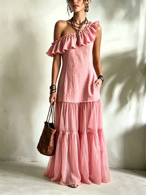 Solid Off Shoulder Tiered Boho Maxi Dress For Beach Party Summer Casual