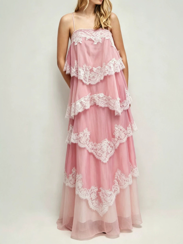 Spaghetti Strap Lace Ruffle Tiered Maxi Dress For Beach Vacation & Evening Party