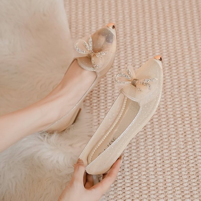 Rhinestone Bow Mesh Hollow Pointed Toe Flat Sandals For Women Summer Daily Casual