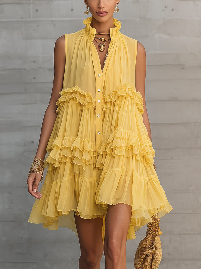 Stand Collar Button Front Ruffle Tiered Sleeveless Mini Dress For Summer Vacation Casual