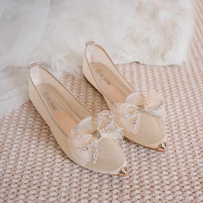 Rhinestone Bow Mesh Hollow Pointed Toe Flat Sandals For Women Summer Daily Casual