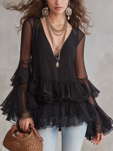Elegant Black V-Neck Sheer Ruffled Long Sleeve Blouse For Summer Daily