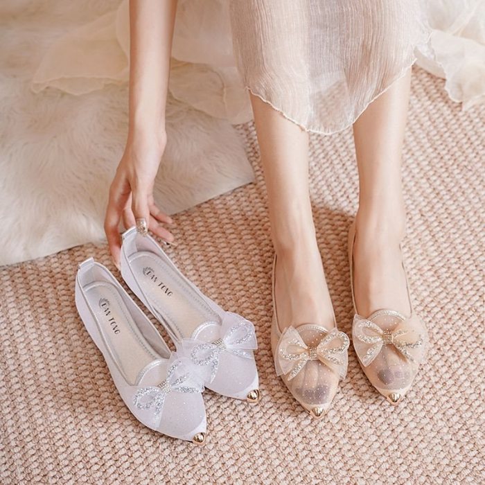 Rhinestone Bow Mesh Hollow Pointed Toe Flat Sandals For Women Summer Daily Casual