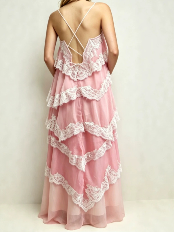 Spaghetti Strap Lace Ruffle Tiered Maxi Dress For Beach Vacation & Evening Party