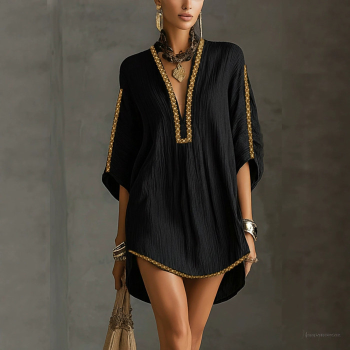 Deep V Batwing Sleeve Loose Bohemian Short Dress For Summer Party Casual