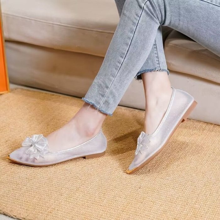 Rhinestone Bow Mesh Hollow Pointed Toe Flat Sandals For Women Summer Daily Casual
