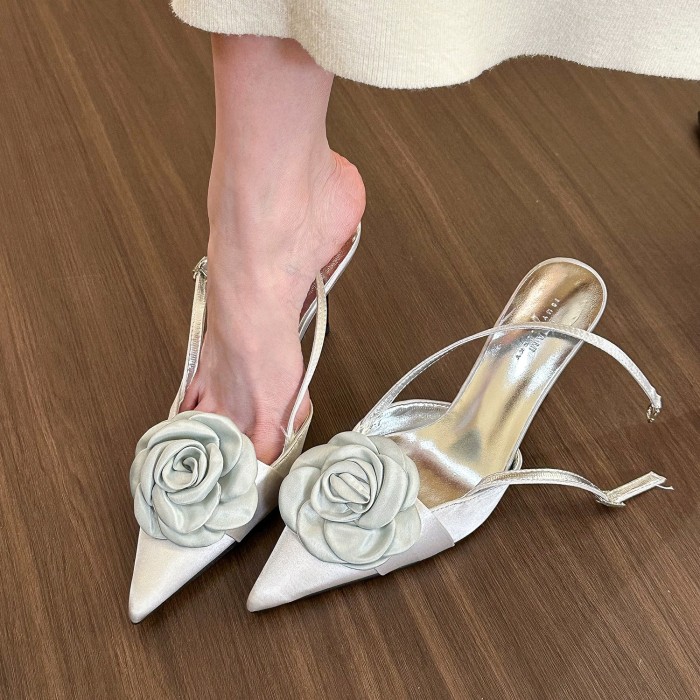 Floral Decor Pointed Toe Stiletto Mule Slides For Summer Dress & Daily Occasions