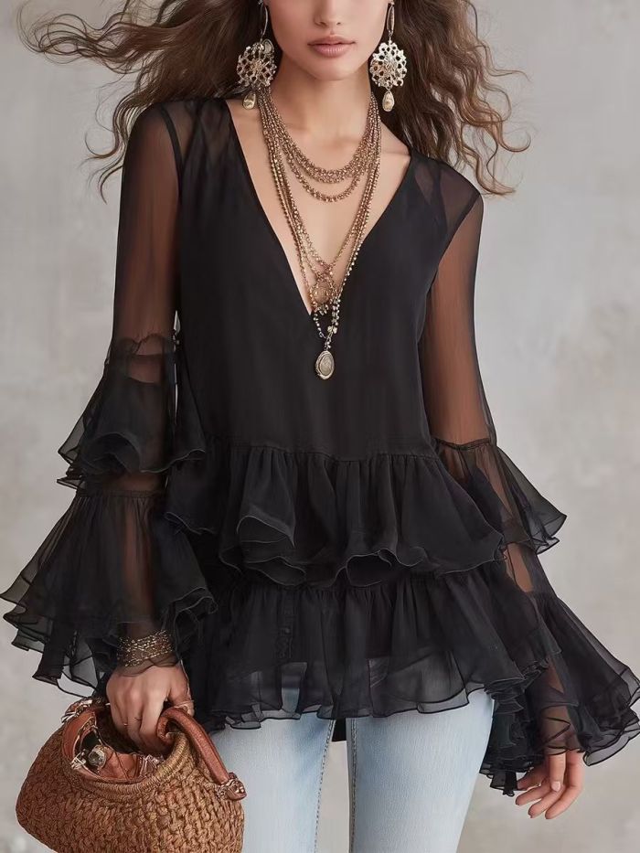Elegant Black V-Neck Sheer Ruffled Long Sleeve Blouse For Summer Daily