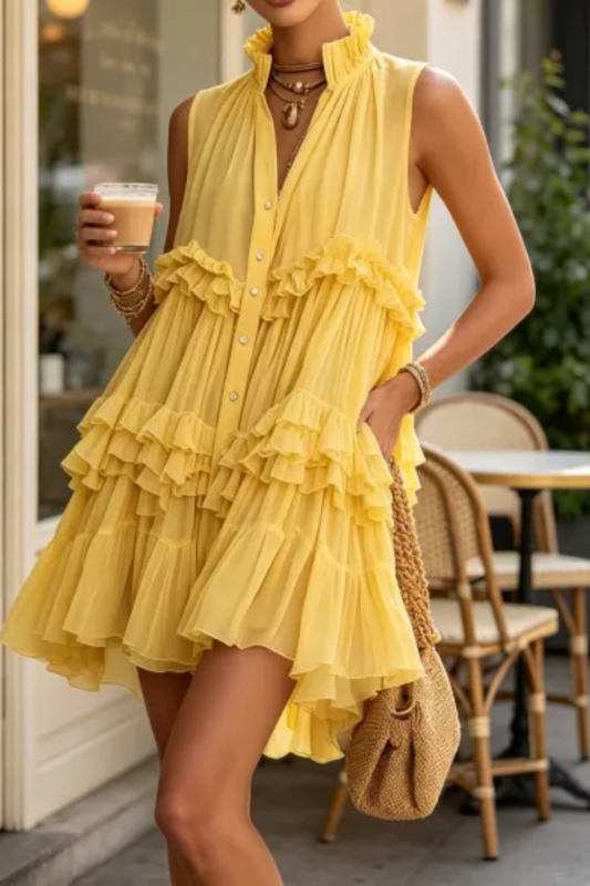 Stand Collar Button Front Ruffle Tiered Sleeveless Mini Dress For Summer Vacation Casual