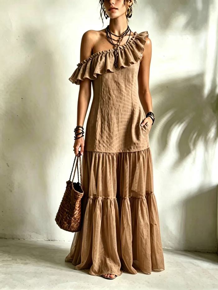 Solid Off Shoulder Tiered Boho Maxi Dress For Beach Party Summer Casual