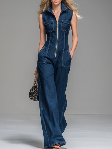 Sleeveless High Waist Wide Leg Denim Cargo Jumpsuit With Front Zipper & Pockets For Daily Work Casual