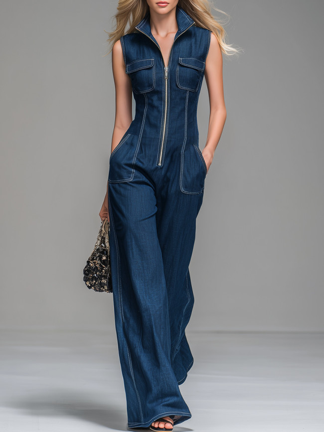 Sleeveless High Waist Wide Leg Denim Cargo Jumpsuit With Front Zipper & Pockets For Daily Work Casual