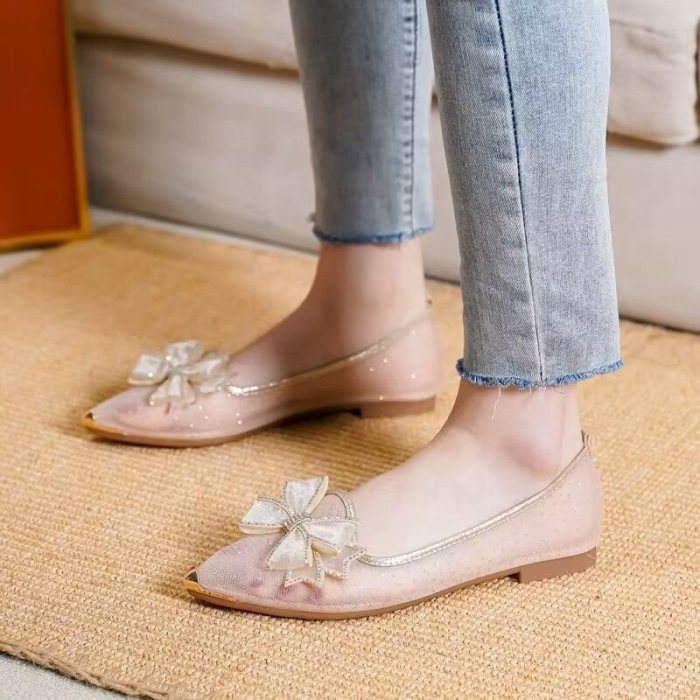 Rhinestone Bow Mesh Hollow Pointed Toe Flat Sandals For Women Summer Daily Casual