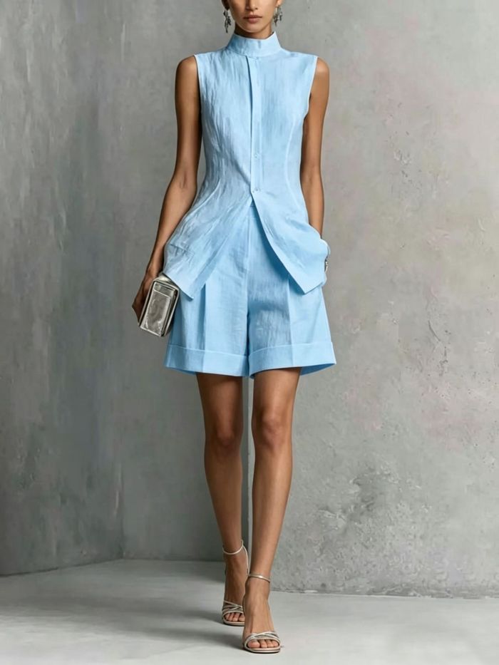 Solid Sleeveless Vest & Shorts Two Piece Set For Summer Street Holiday Casual