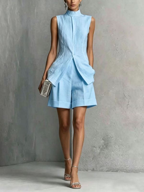 Solid Sleeveless Vest & Shorts Two Piece Set For Summer Street Holiday Casual