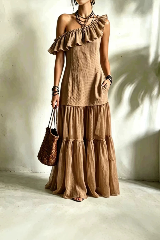 Solid Off Shoulder Tiered Boho Maxi Dress For Beach Party Summer Casual