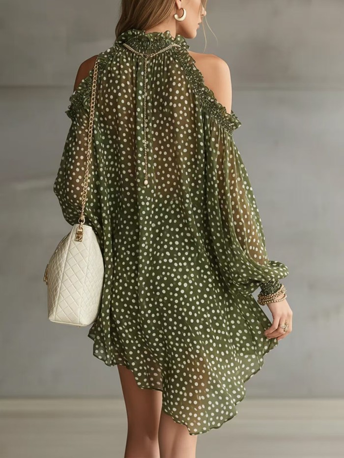 Polka Dot Halter Cold Shoulder Long Sleeve Mini Dress For Cocktail Party
