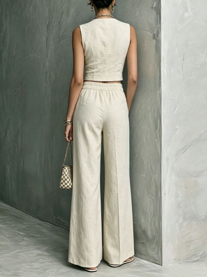 Solid Sleeveless Zip Tank Top & Straight Trousers Two Piece Set For Commuting Summer Casual