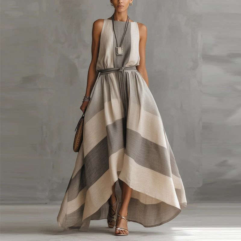 Gray Striped Belted High Low Maxi Dress For Daily Casual Outings