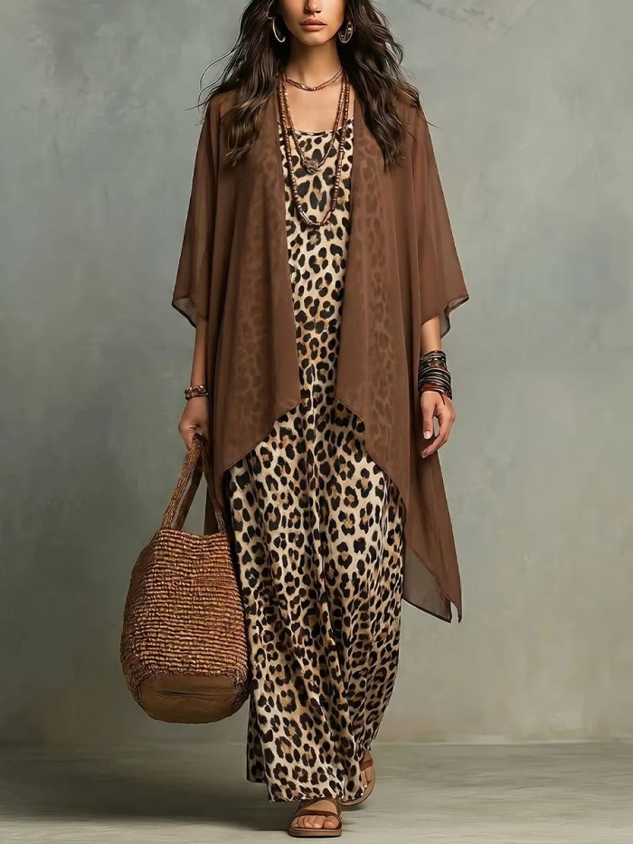 Leopard Print Spaghetti Strap Dress & Sheer Cover Up Two Piece Set For Beach Vacation