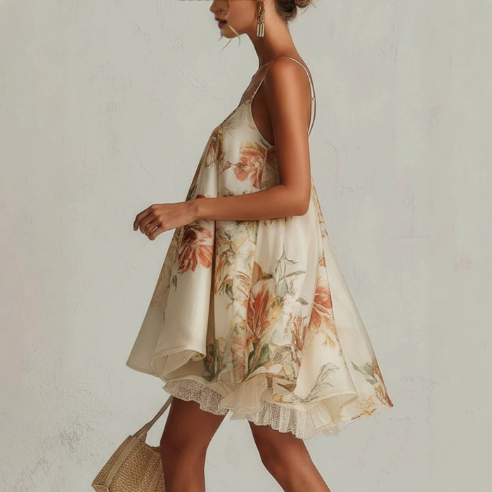 French Lace Trim Floral Asymmetrical Oversized Cami Dress For Vacation