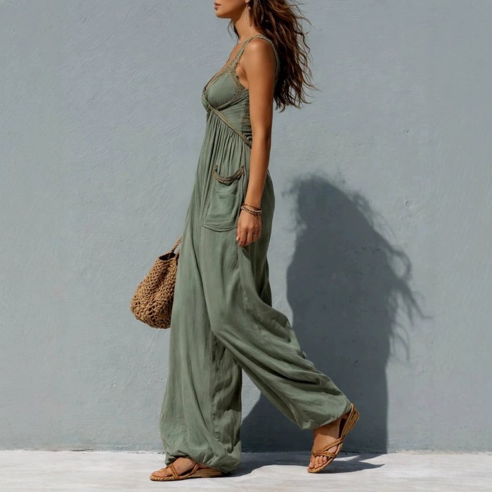 Olive Green V Neck Wide Leg Sleeveless Jumpsuit For Summer Vacation