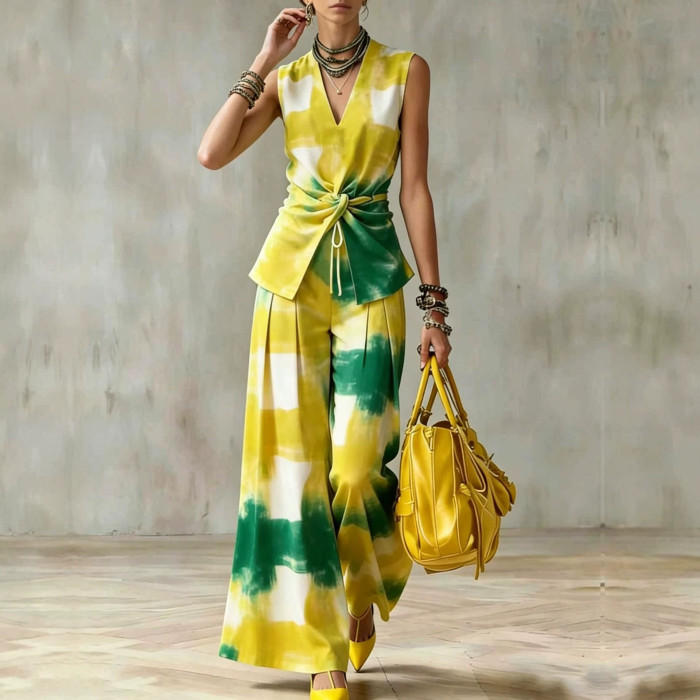 Tie Dye Sleeveless Twist Waist Top & Wide Leg Pants Two Piece Set For Summer Vacation