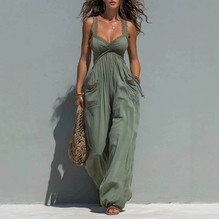 Olive Green V Neck Wide Leg Sleeveless Jumpsuit For Summer Vacation