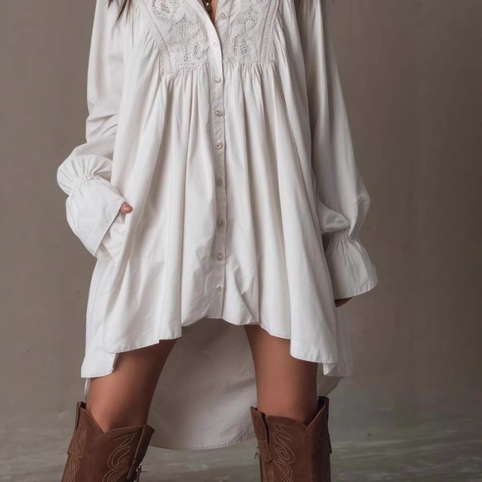 Lapel Flared Sleeve Mid Length Button Shirt For Daily Street Outfits