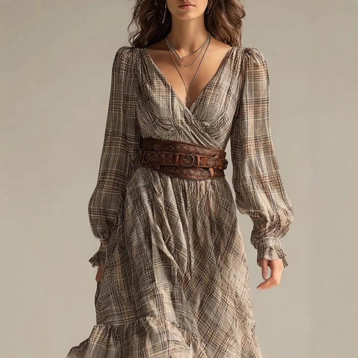 Digital Printed Plaid V Neck Long Sleeve Ruffle Trim Midi Dress For Daily Outing