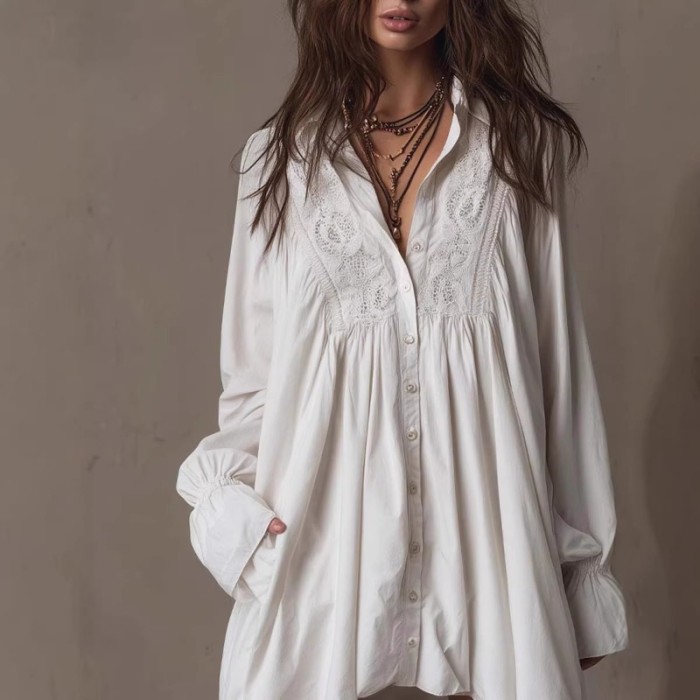 Lapel Flared Sleeve Mid Length Button Shirt For Daily Street Outfits