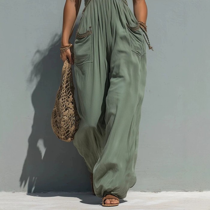 Olive Green V Neck Wide Leg Sleeveless Jumpsuit For Summer Vacation